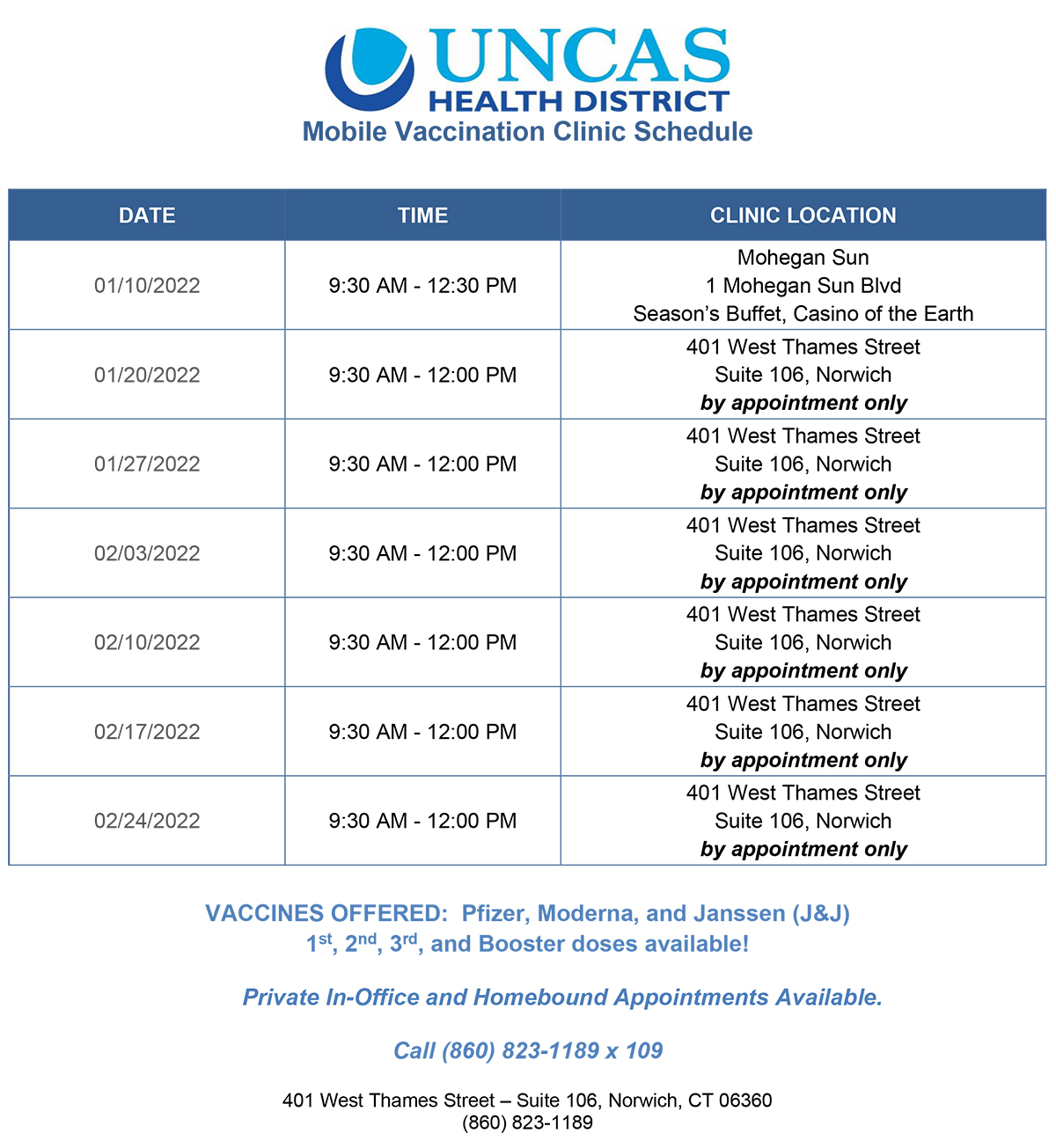 Mobile Vaccination Clinic 1/10/22 - 2/24/22 Schedule
