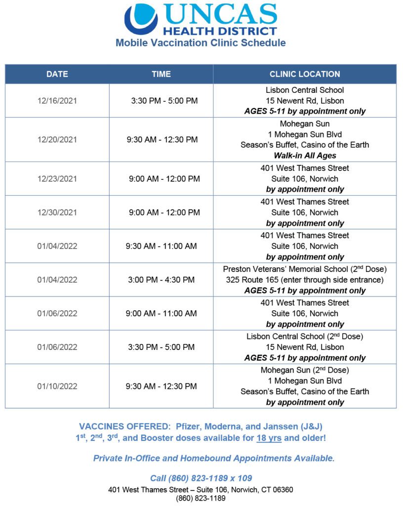 UNCASHD Mobile Vaccination Clinic Schedule 12/16/21 - 1/10/22