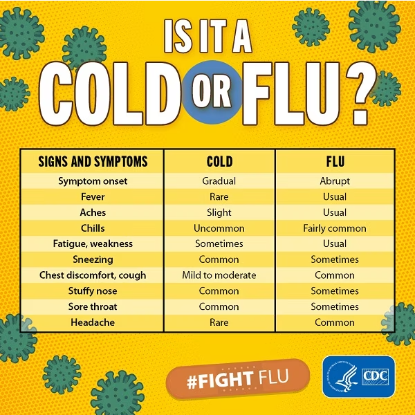 chart demonstrating differences between a cold and the flu