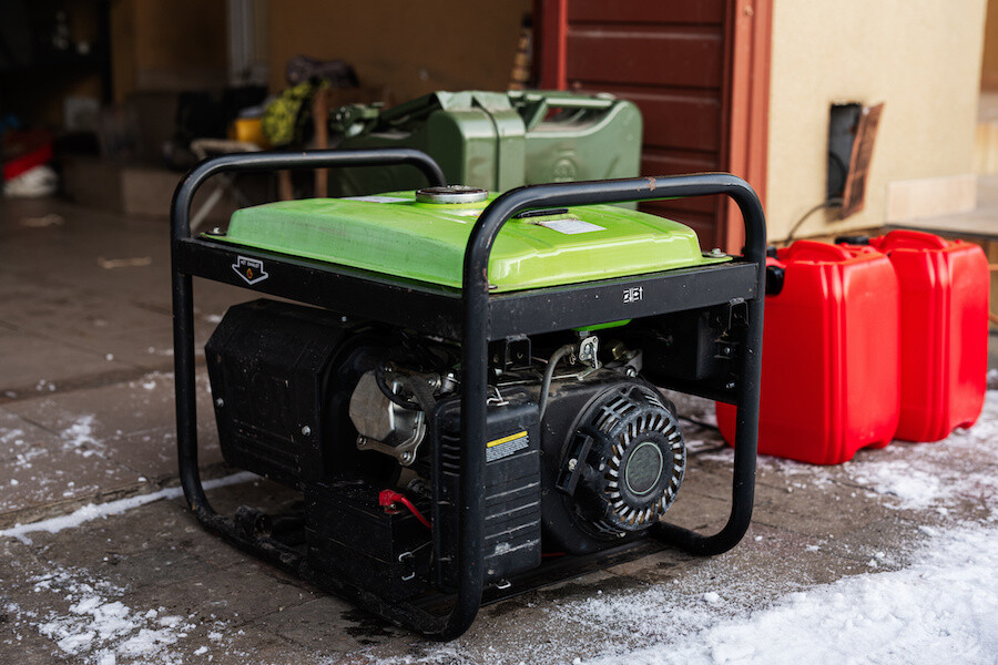 gas generator in garage with gas cans