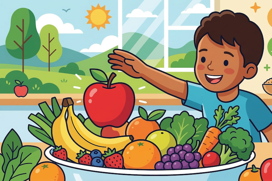 Boy reaching for fresh fruit