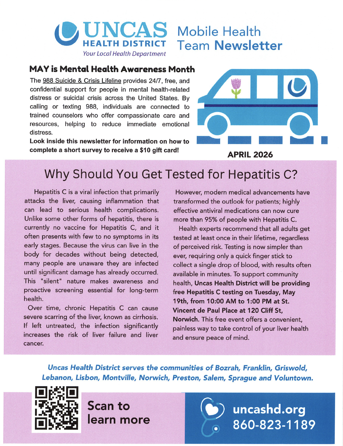 UNCA S Health District Mobile Health Team Newsletter, April 2026, with a blue van illustration and the article 'Why Should You Get Tested for Hepatitis C?' in two pink-column text blocks.