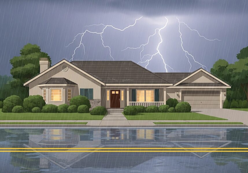 house with a flooded road and lightning