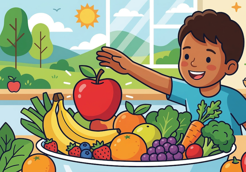 Boy reaching for fresh fruit