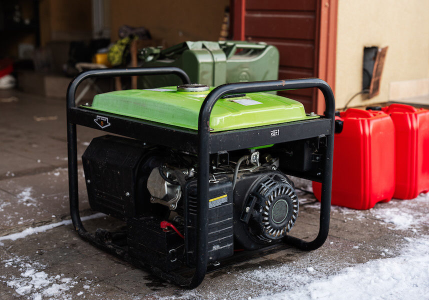 gas generator in garage with gas cans