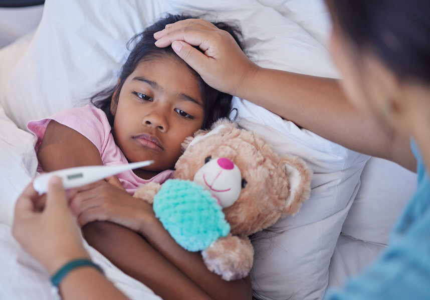 Sick thermometer, child health and mother reading fever, care for girl with covid and check on virus in bed of house. Kid resting with flu while mom takes temperature in bedroom of home with love.