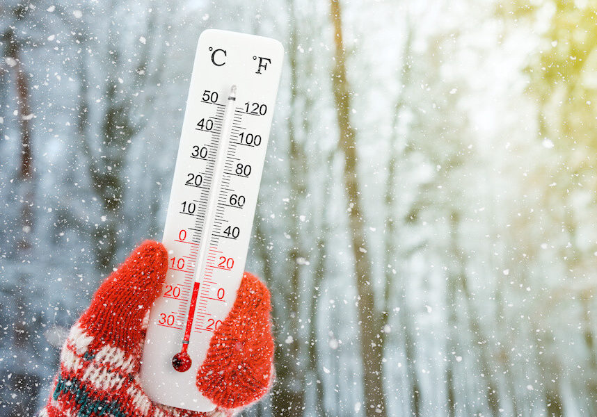 thermometer showing freezing temperatures.