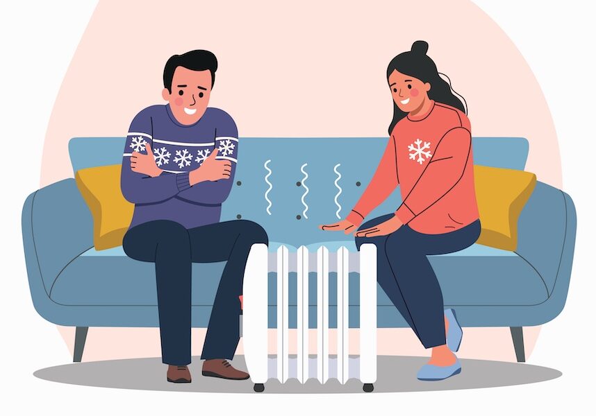 Cold couple warming hands near heater at home, winter heating and low temperature concept. Flat style cartoon vector illustration.