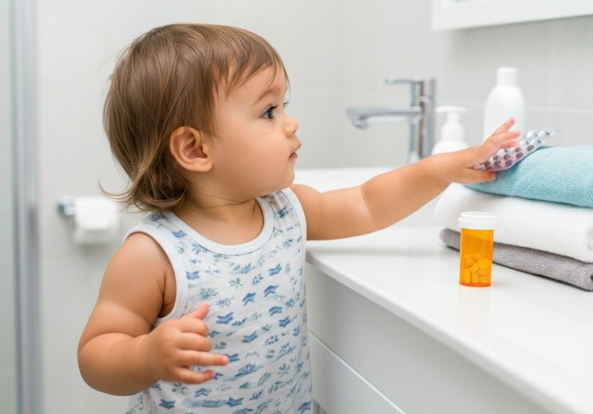 toddler reaching for medication in bathroom