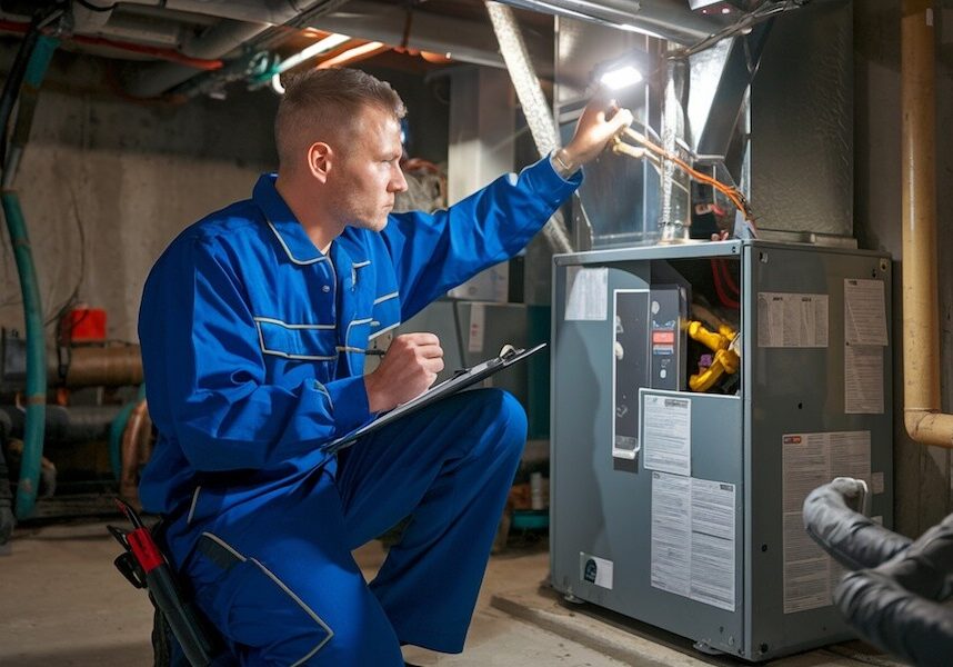 HVAC Technician Inspecting Furnace in Dimly Lit Basement